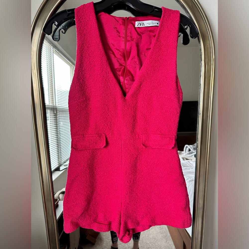 Zara Tweed V Neck Hot Pink Romper